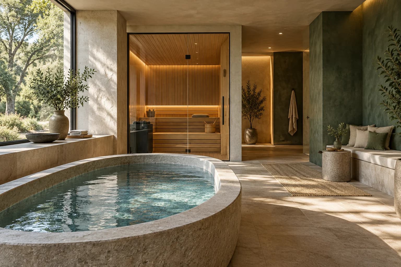 Conceptual architectural illustration of a calm recovery-studio interior